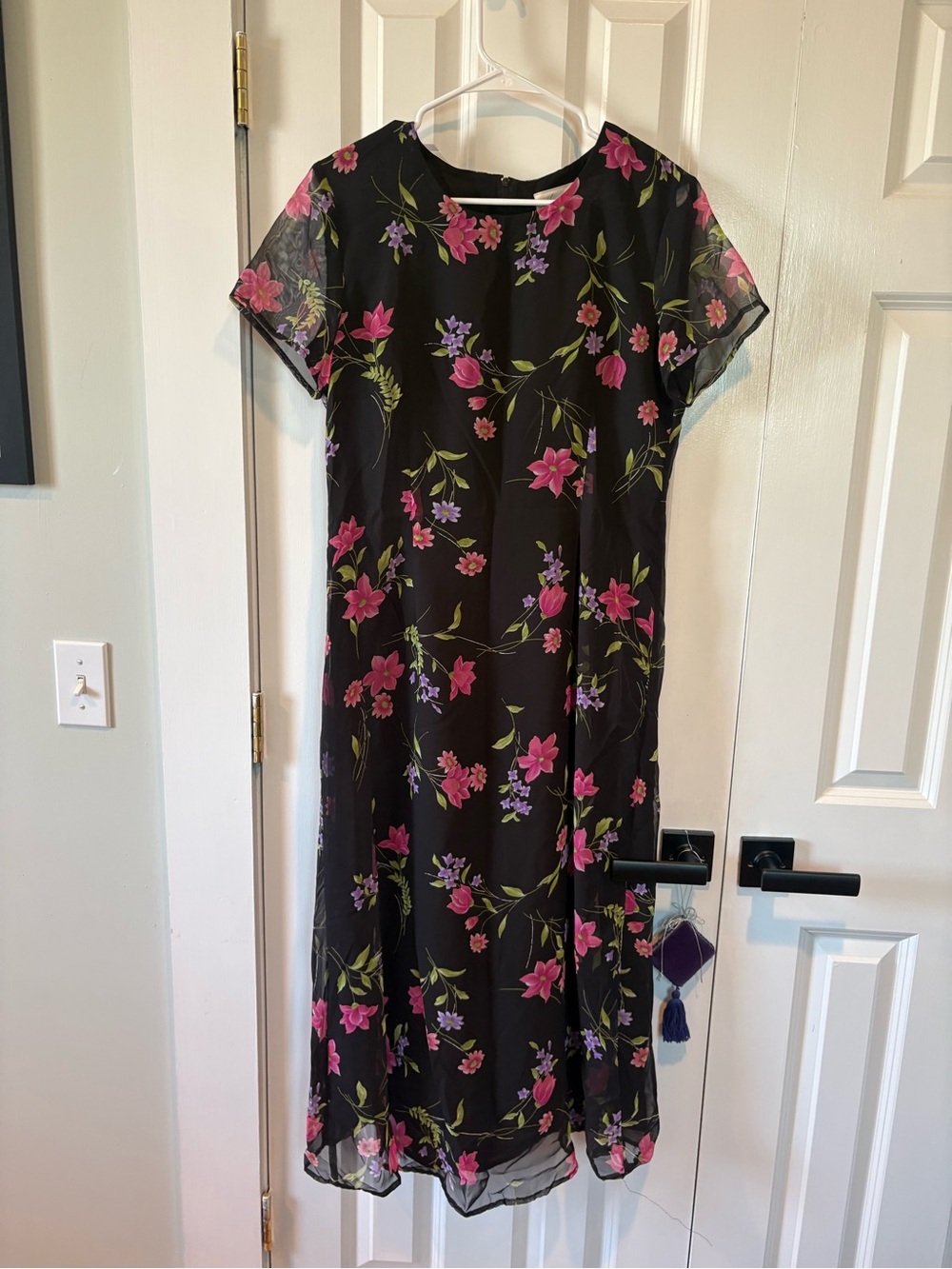 Kathie Lee Collection Black Midi Dress with Pink, Purple, & Green Floral Print